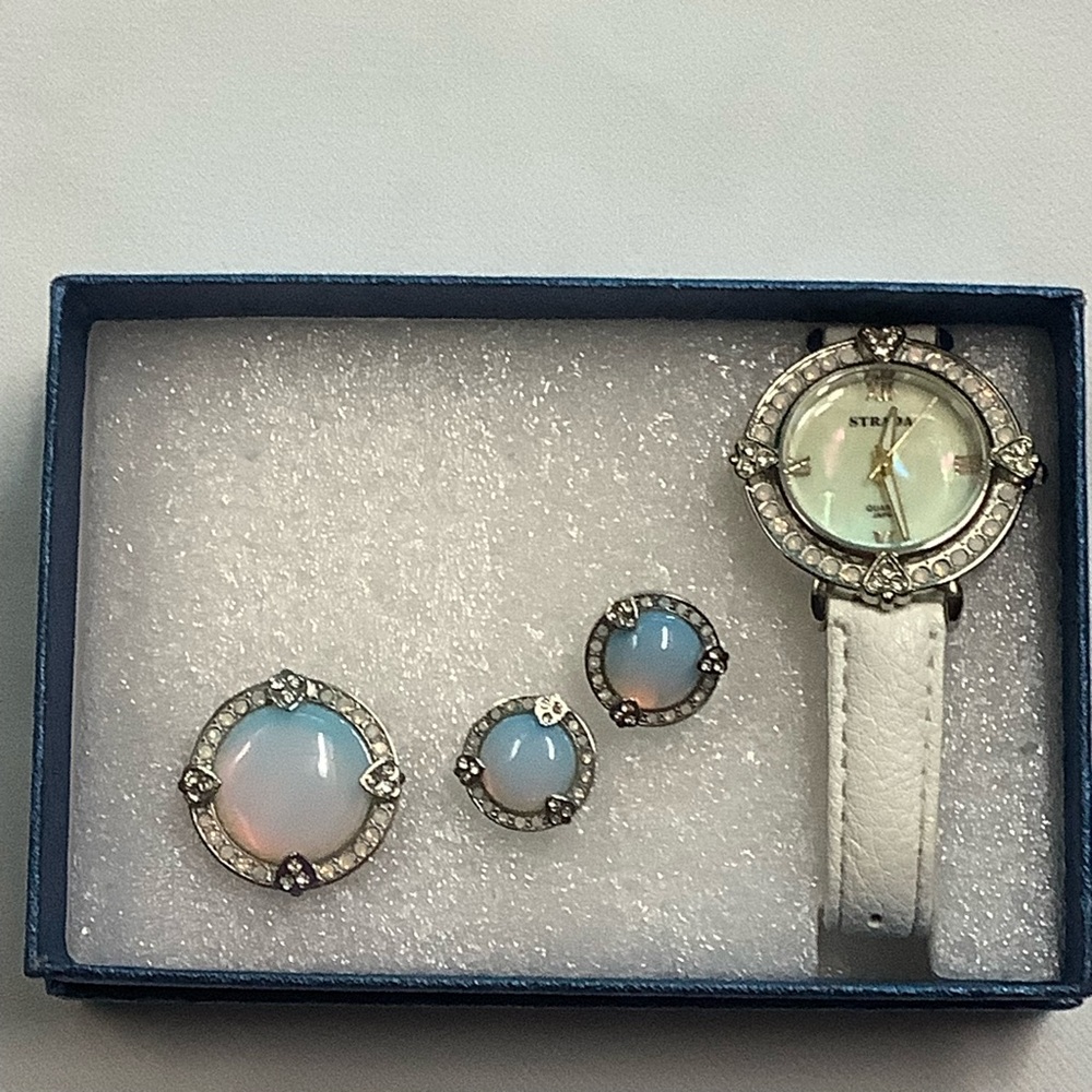 Opalite Earrings and Ring Size 9 and White Watch Set